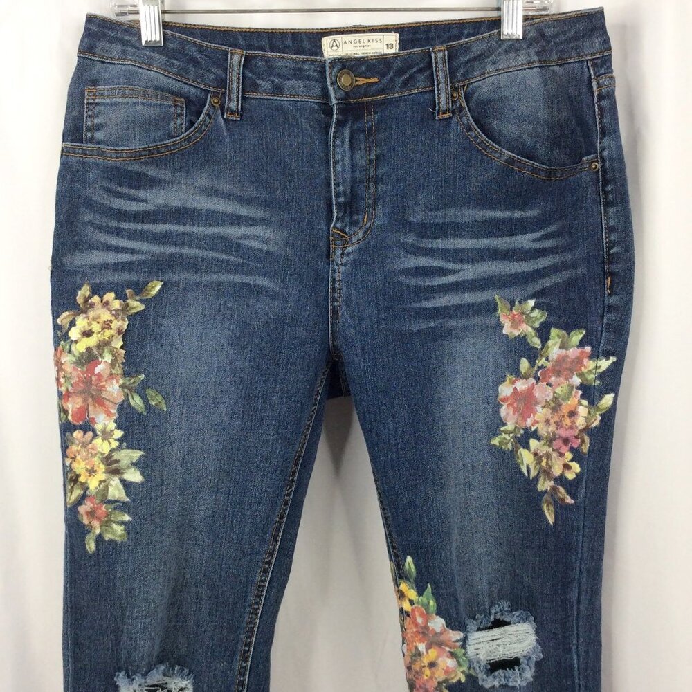 Angel Kiss Floral Jeans Womens Size 13 Mid Rise Distressed Denim - Picture 3 of 8